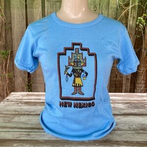 Vintage 70’s New Mexico tourist t-shirt, blue, southwest kachina doll cap sleeve
